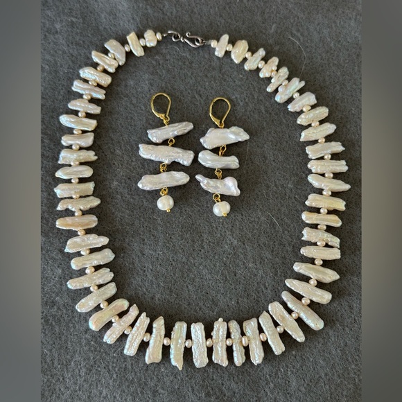 Cultured Baroque Biwa Tooth Pearl Necklace 16” and Earrings 2” set - Picture 1 of 8